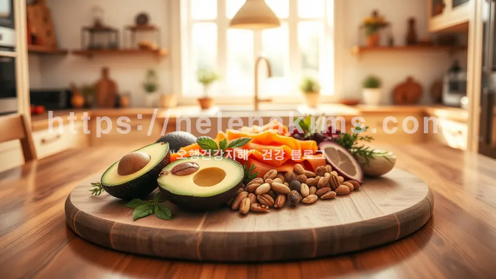 주방 식탁 위에 아보카도, 연어, 견과류 등이 놓여 있는 모습.