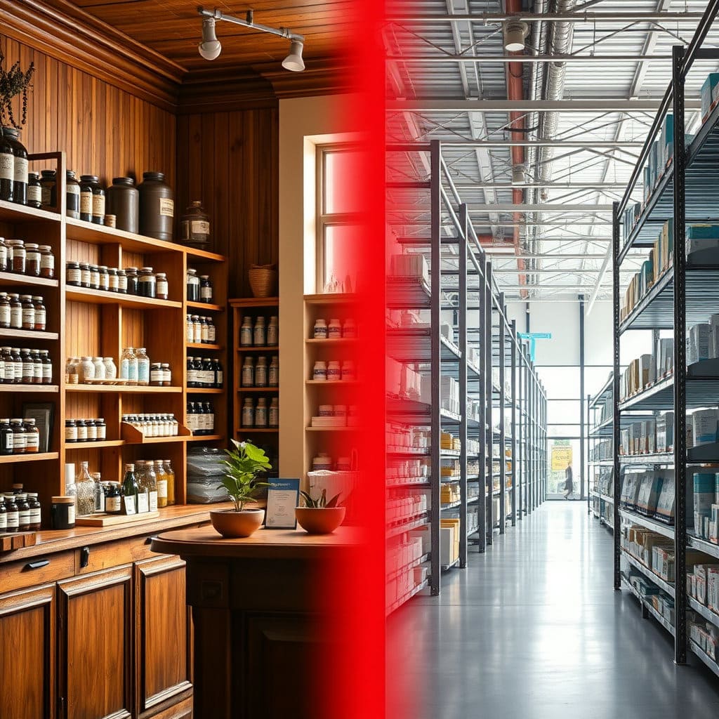 한 화면에 전통적인 분위기의 아늑하고 작은 약국과 넓고 현대적인 창고형 약국의 모습을 나란히 배치하여 시각적인 대비를 보여줍니다. (두 공간이 자연스럽게 연결되거나 합쳐진 듯한 초현실적인 느낌도 흥미로울 수 있습니다.)