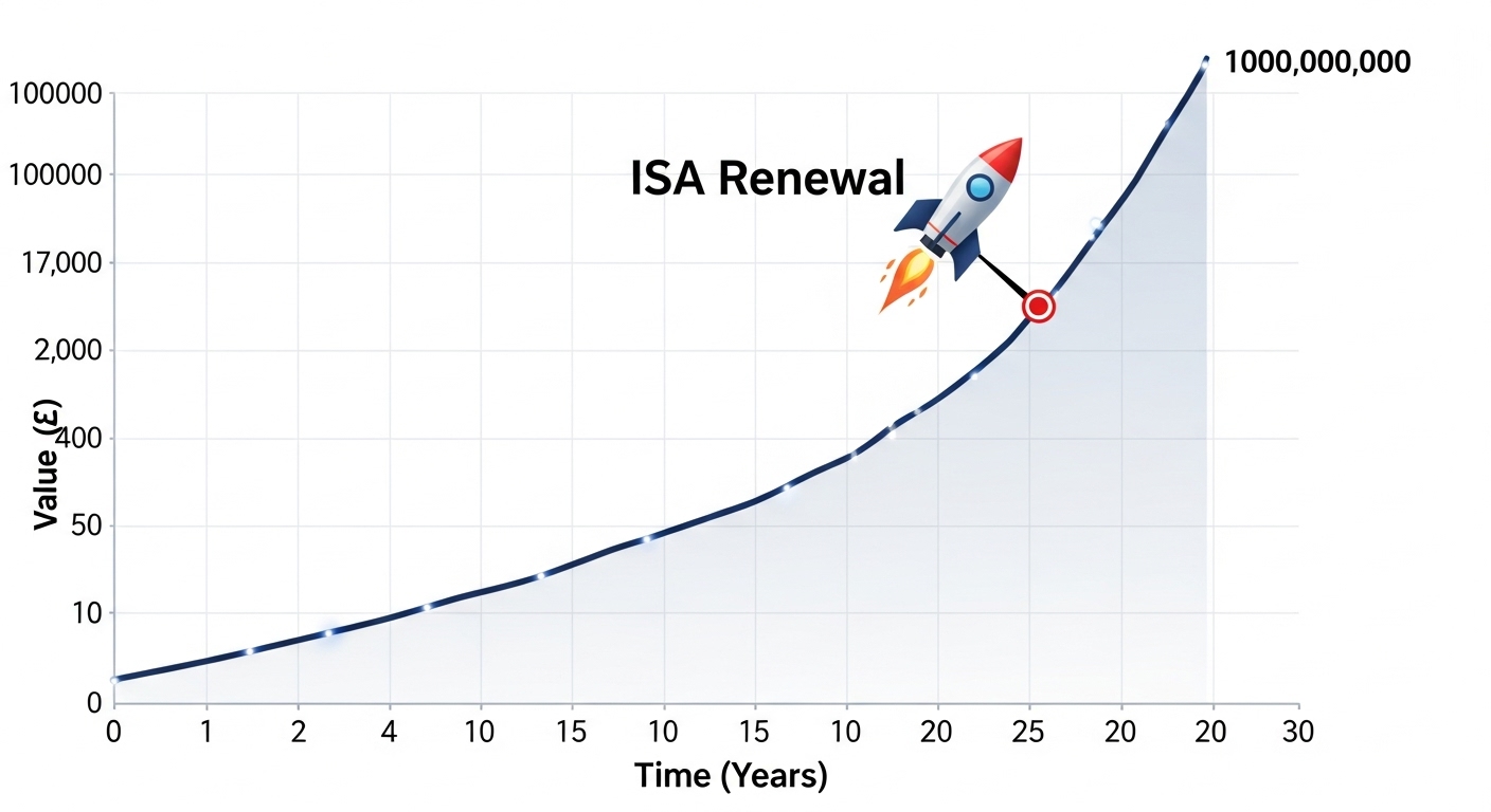 끊어지지 않고 계속 이어지는 복리 그래프와, 중간에 'ISA→연금 환승'이라는 부스터가 달리는 이미지