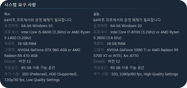 호그와트 레거시 사양입니다.