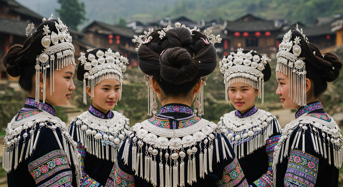 중국의 야오족 여인들이 긴 머리를 위로 올려 묶고 전통의상을 입은 모습이다.