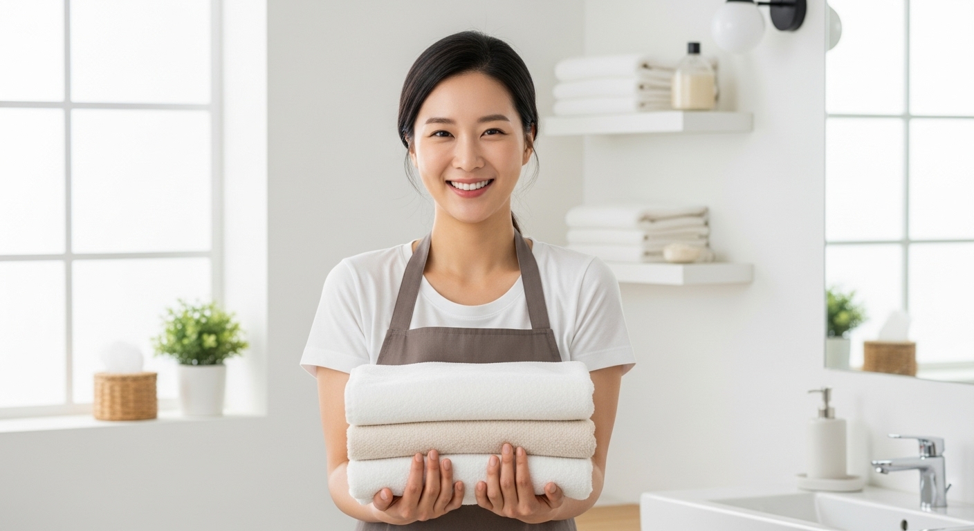 깨끗하고 환한 욕실에서 뽀송하게 잘 정리된 수건을 들고 환하게 웃는 한국 여성. 상쾌한 수건 보관법을 상징하는 이미지.
1. 왜 수건에서 냄새가 날까?: 원인 분석