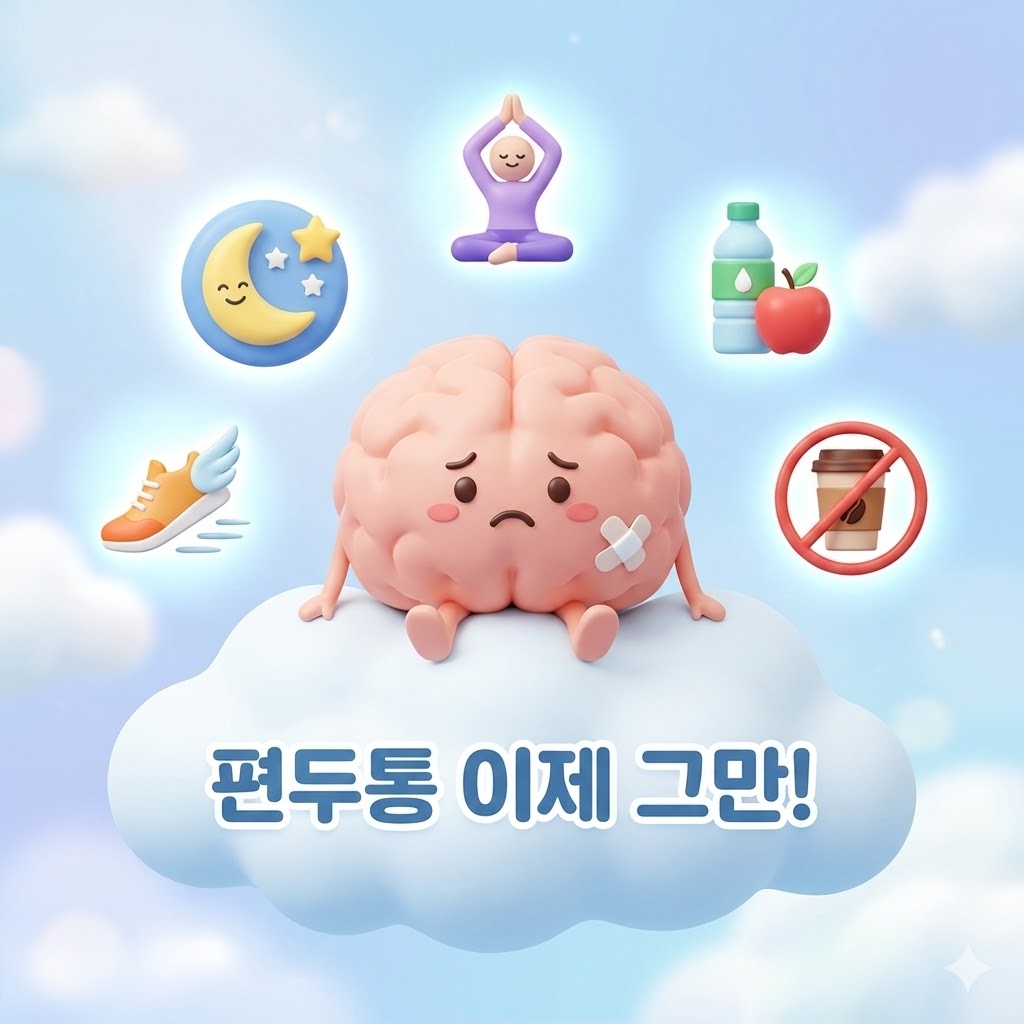 걱정스러운 표정의 귀여운 뇌 캐릭터가 구름 위에 앉아있고, 주변에 수면, 운동, 식단, 스트레스 관리, 카페인 조절을 나타내는 5가지 아이콘이 떠 있는 3D 카툰 일러스트. '편두통 이제 그만!'이라는 한글 문구가 쓰여 있다.