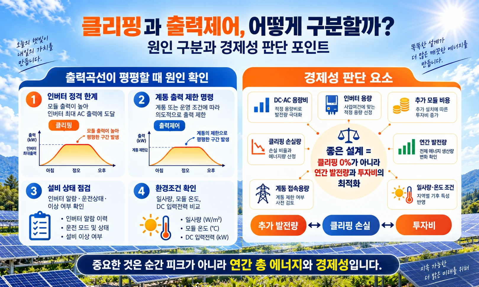 태양광 클리핑과 계통 출력제어를 구분하고 DC AC 용량비 인버터 용량 연간 발전량 투자비를 비교한 인포그래픽