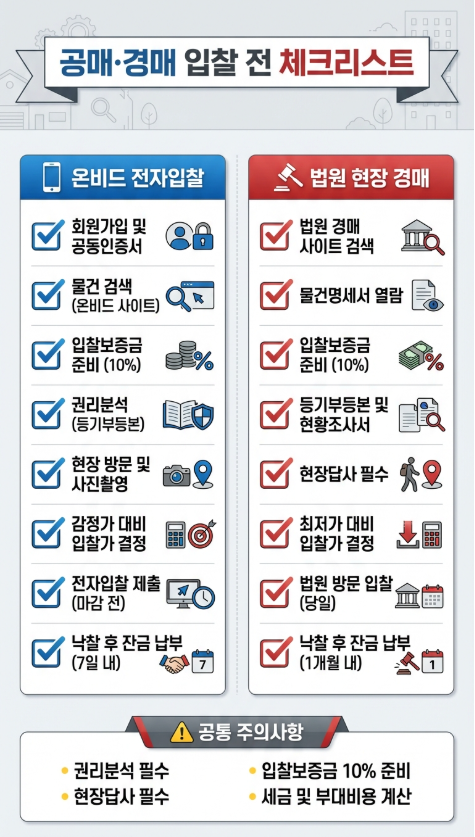 공매와 경매 입찰 전 필수 체크리스트 - 온비드 전자입찰과 법원 현장 경매 비교"