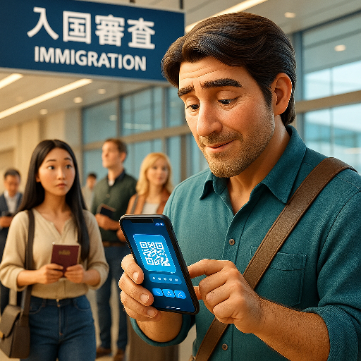비짓 재팬 웹 등록 후 일본 공항 입국 심사 대기 중인 라이더와 긴 줄에 선 입국자들