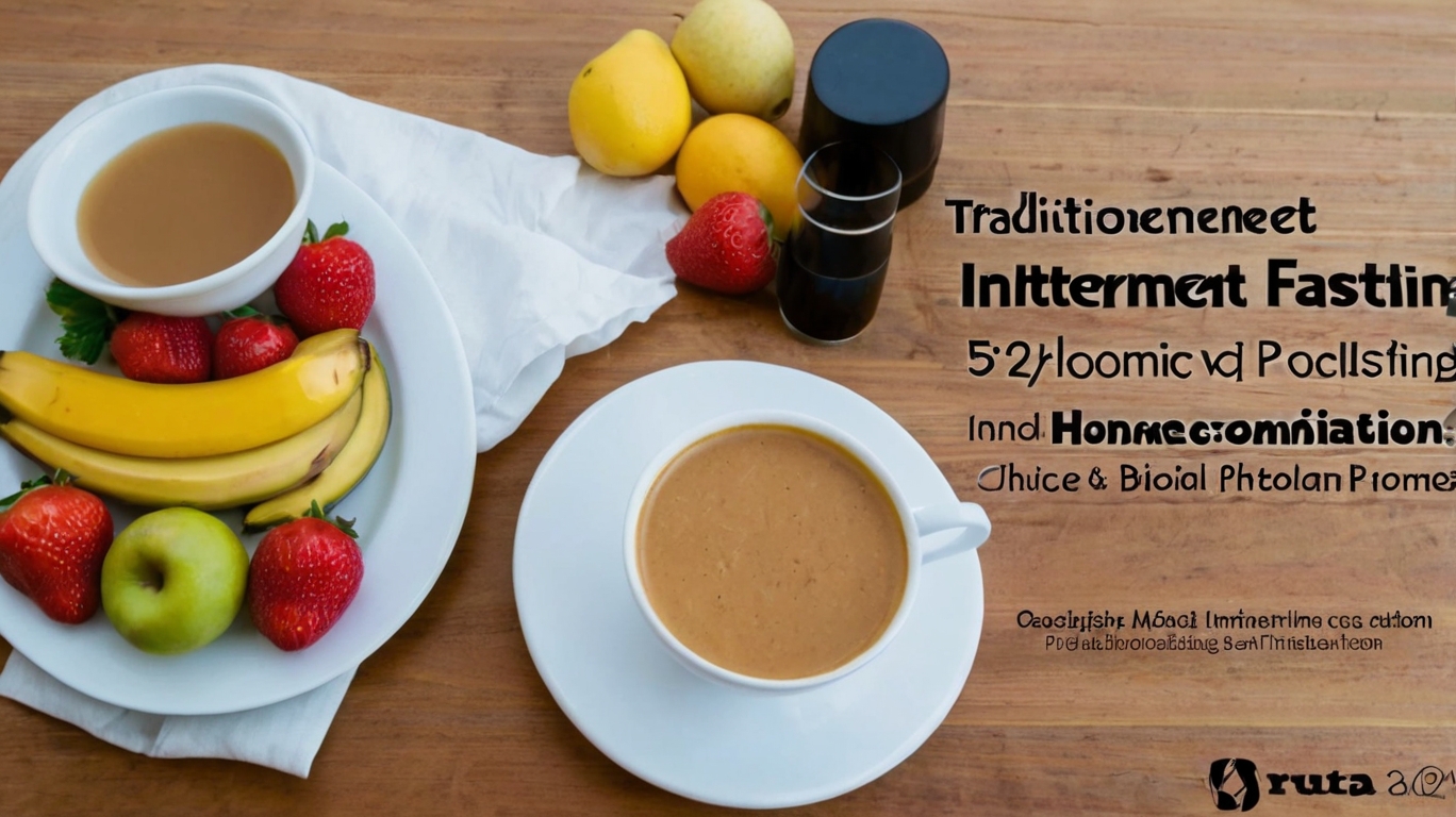 "Intermittent Fasting"이라는 문구가 있는 이미지로, 전통적 간헐적 단식, 리듬형 단식, 5:2 전략과 관련된 다양한 과일과 음료가 테이블 위에 놓여 있다.