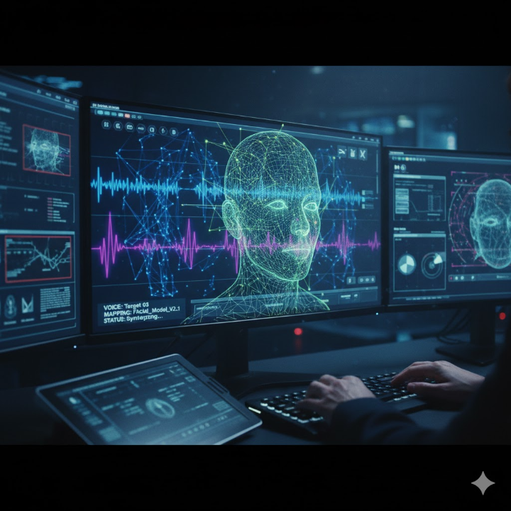 모니터 화면 속 복잡한 음성 파형과 딥페이크 맵핑이 교차하는 장면
