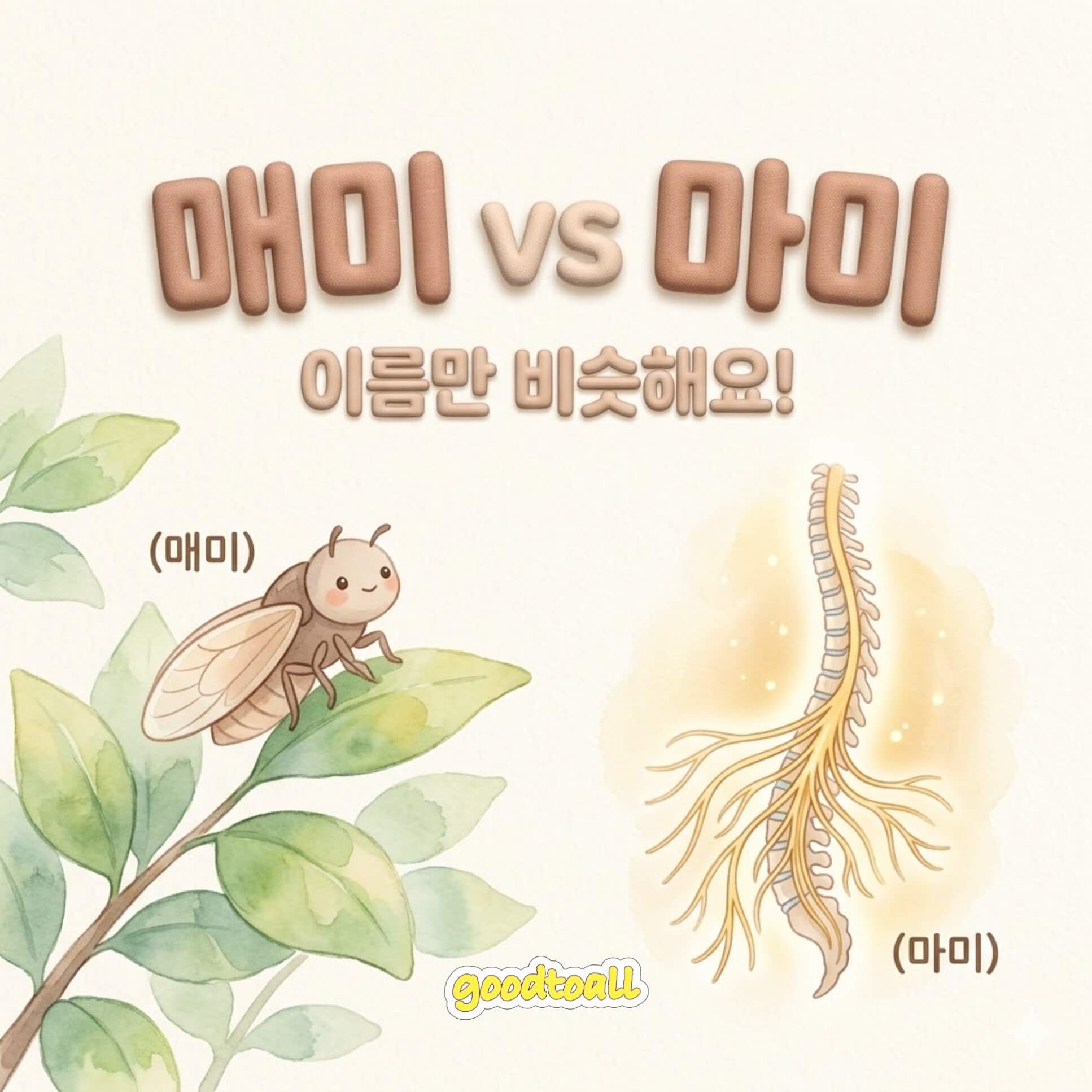 코로나19 매미 변이와 척추 신경 질환인 마미 증후군을 비교한 가이드 이미지입니다. 단순히 발음이 비슷해 생기는 오해를 바로잡고, 감기 증상과 응급 수술 신호를 한눈에 구분할 수 있도록 3D 동화풍 일러스트로 제작되었습니다