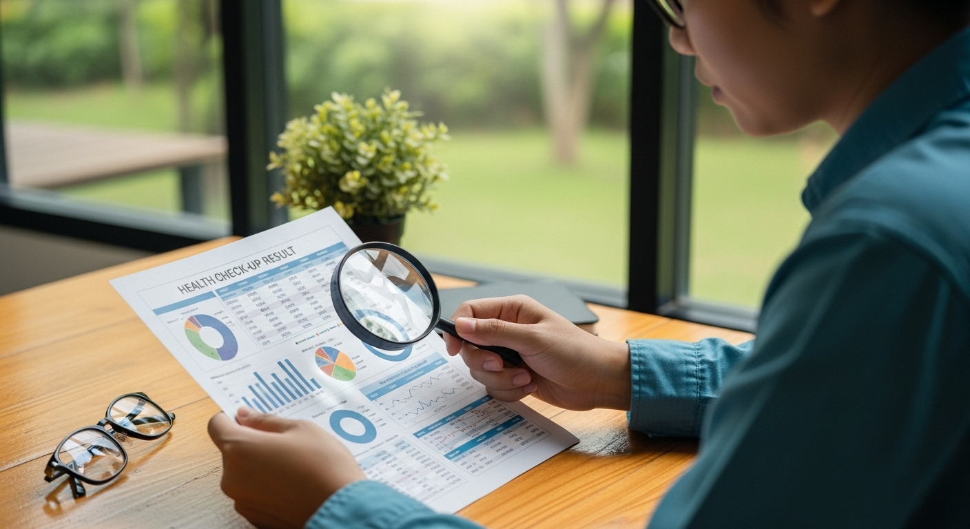 종합검진 결과지를 주의 깊게 살펴보며 자신의 건강 상태를 파악하는 사람의 모습