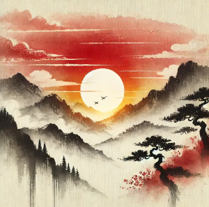 수묵담채화-해-나무-산