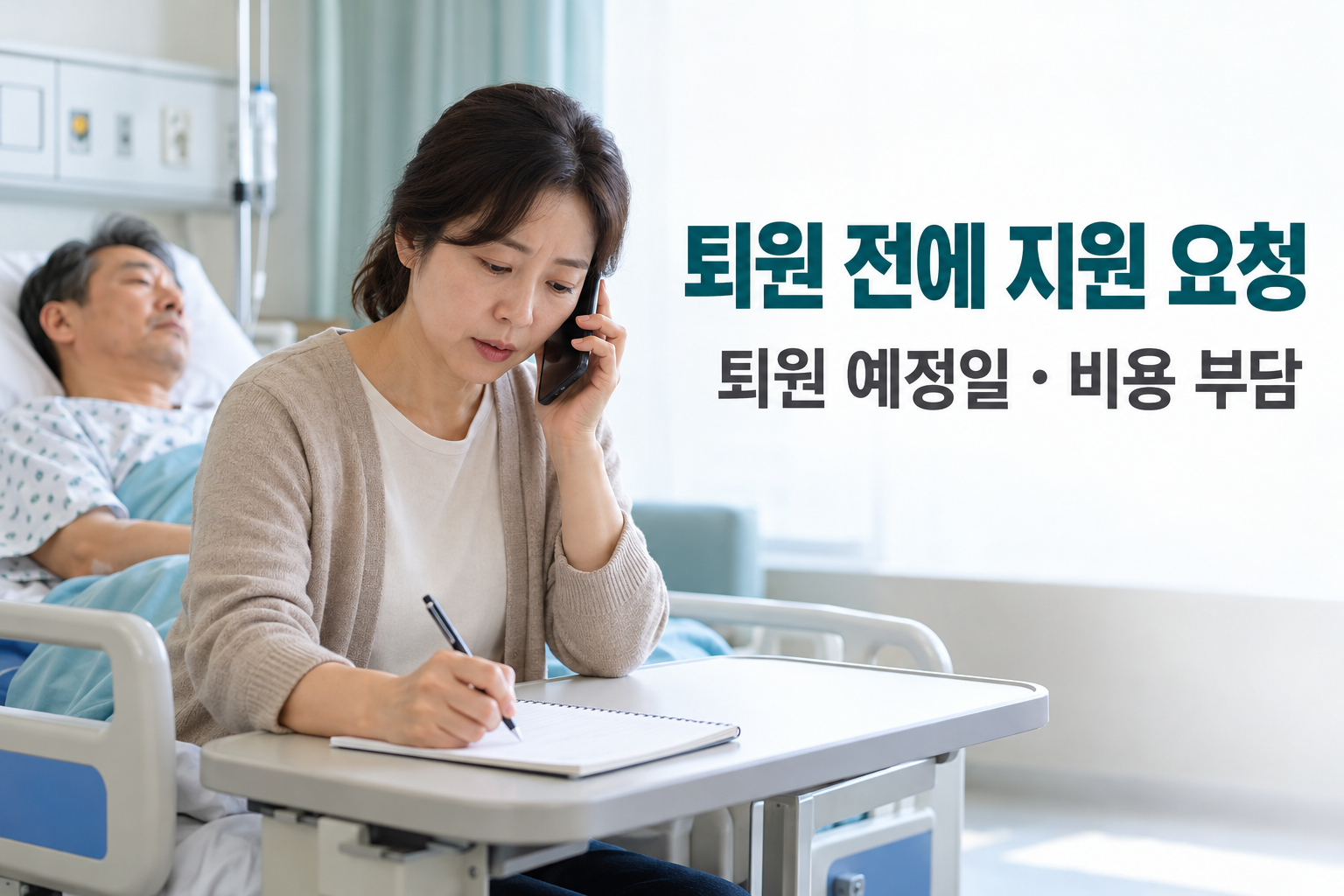 가족이 병상 옆에서 퇴원일을 적은 메모와 전화로 지원을 요청하는 모습