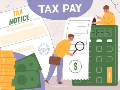 세금 고지서와 계산기를 통해 세금 납부 금액을 확인하는 일러스트