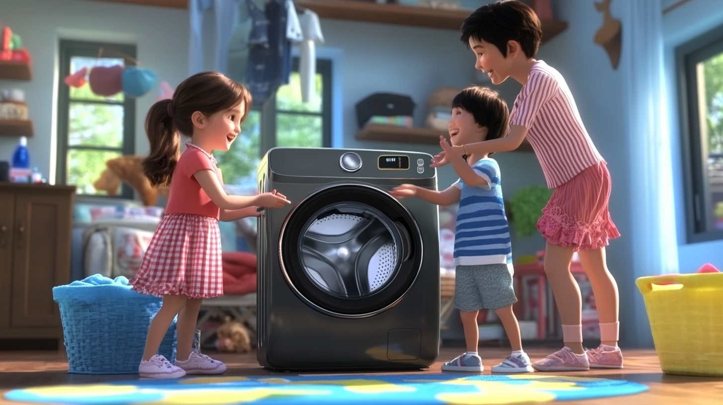 현대적인 삼성 세탁기를 중심으로 즐겁게 상호작용하는 가족의 모습, 편리함과 현대적인 생활 상징