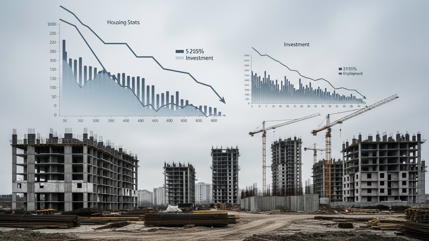 텅 빈 공사 현장과 완공되지 않은 아파트 골조, 하락하는 그래프 이미지