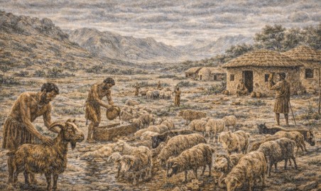 자그로스 산맥 지역에서 초기 목축민이 염소와 양을 기르며 원형 주거지에 정착해 생활하는 선사 시대 풍경
