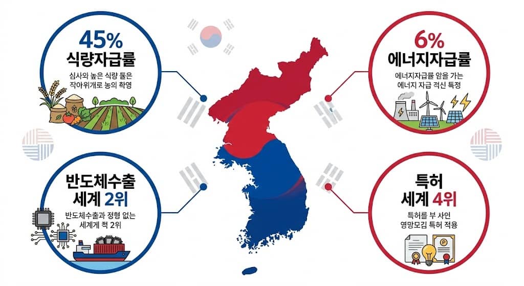 파일명: korea_economic_independence_2026_scorecard_infographic.jpg Alt 태그: "2026년 한국 경제독립 성적표 식량자급률 45% 에너지자급률 6% 반도체수출 세계2위 특허 세계4위 인포그래픽"