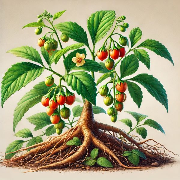 아슈와간다 식물의 뿌리부터 열매까지 나타내는 사진