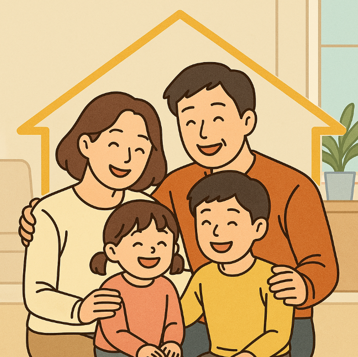 주거급여 수령 후 가족과 안심하는 모습의 일러스트