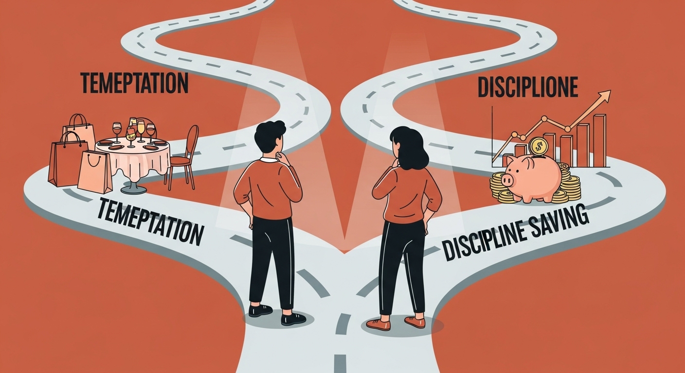 갈림길에서 유혹과 절약의 길을 고민하는 사람. 신중한 표정으로 절약의 길을 선택하려는 모습.