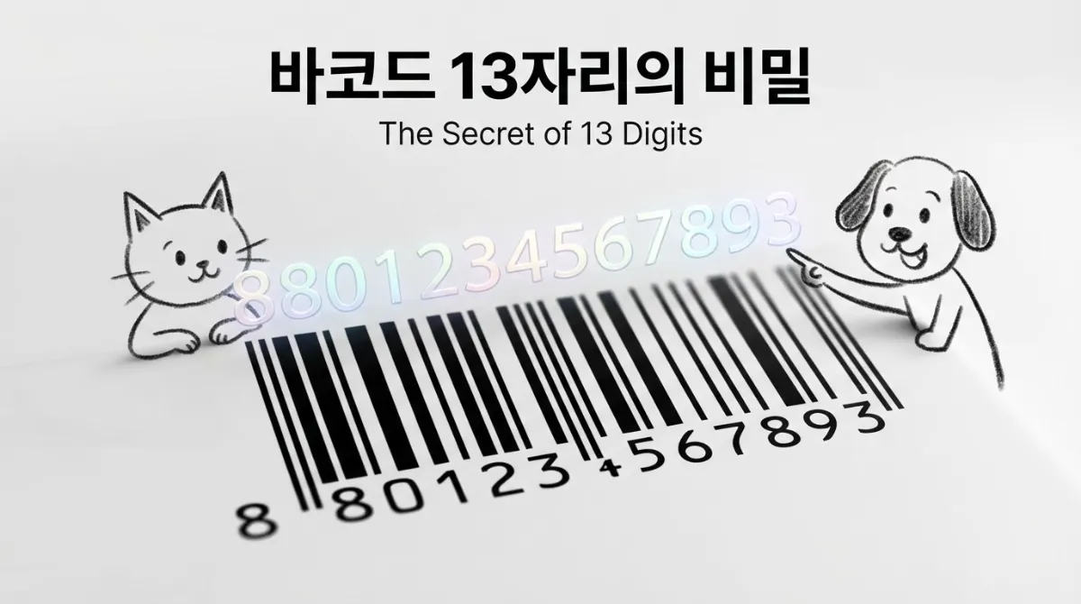 상품 표면에 인쇄된 13자리 바코드와 숫자의 비밀을 나타내는 매크로 클로즈업 대표 이미지 - 스틱 캣과 스틱 도그가 호기심 가득한 표정으로 숫자를 가리키는 모습