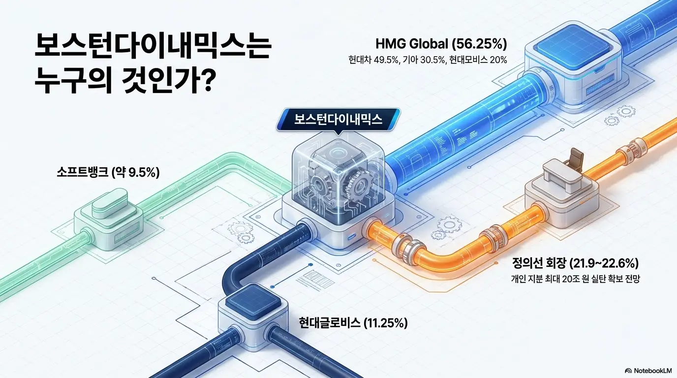 현대차그룹주 주가전망:'보스턴다이내믹스는 누구의 것인가'라는 문구가 포함된 인포그래픽 이미지. 이 이미지는 HMG Global 56.25%, 정의선 회장 21.9~22.6%, 현대글로비스 11.25%, 소프트뱅크 약 9.5%로 나뉜 보스턴다이내믹스 지분 구조를 시각적으로 전달하며, 블로그의 현대차그룹주 지배구조 분석과 관련된 내용을 설명함