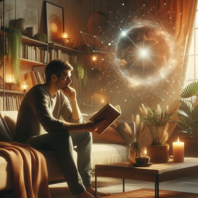 꿈에 관한 책을 읽으며 상상의 나래를 펼치는 남성의 모습입니다. 여유로운 분위기에서 독서에 집중하고 있습니다.
