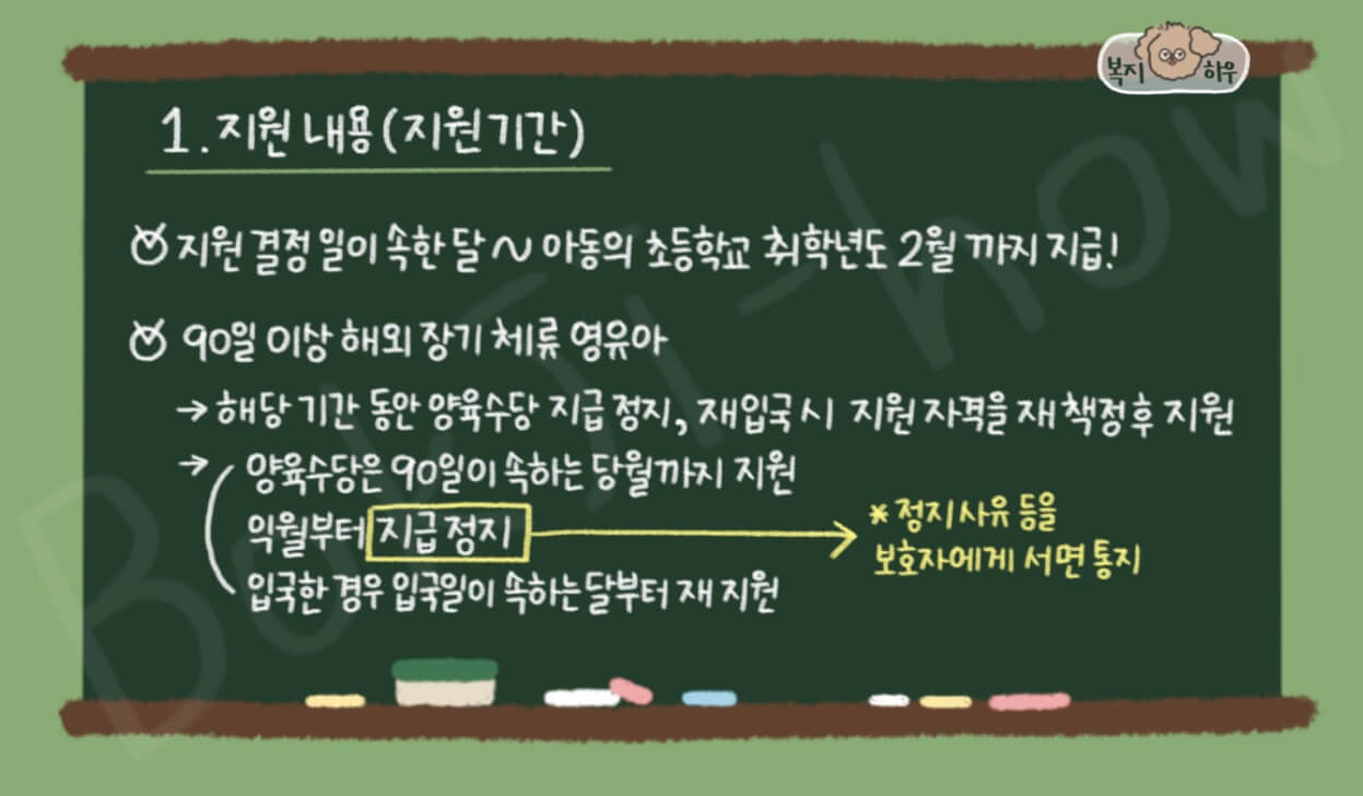 가정양육수당 지원 기간은 지원 결정일이 속한 달로부터 초등학교 취학년도의 2월까지 지원한다.