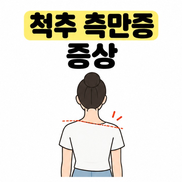 척추 측만증 증상 제목 아래 티셔츠를 입은 사람의 뒷모습과 어깨 높이 차이를 나타낸 점선이 있는 대표 이미지