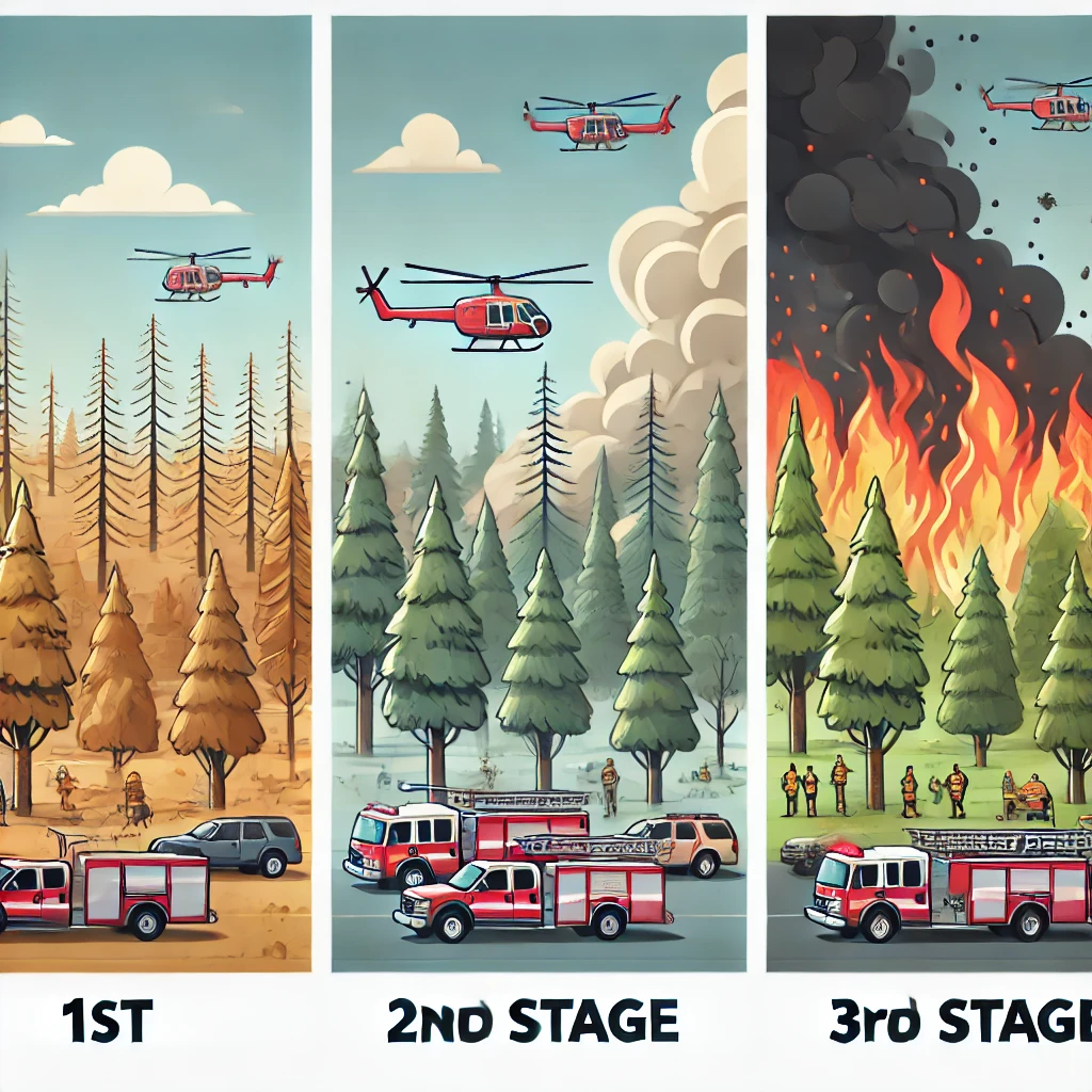 세 가지 산불 경보 단계(1단계, 2단계, 3단계)를 상징하는 디지털 일러스트