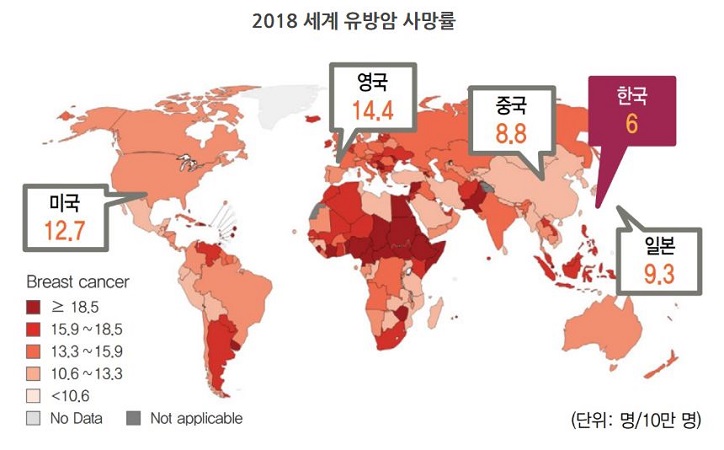 2018 세계 유방암 사망률
미국 12.7%, 영국 14.4%, 중국 8.8%, 일본 9.3%, 한국 6%