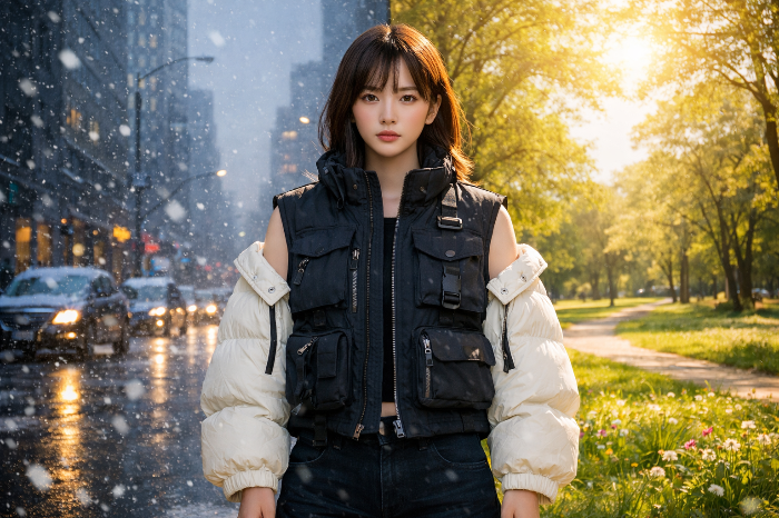 급격한 기온 차와 기상 이변에 대응하는 변형 가능한 모듈형 아우터 스타일링.