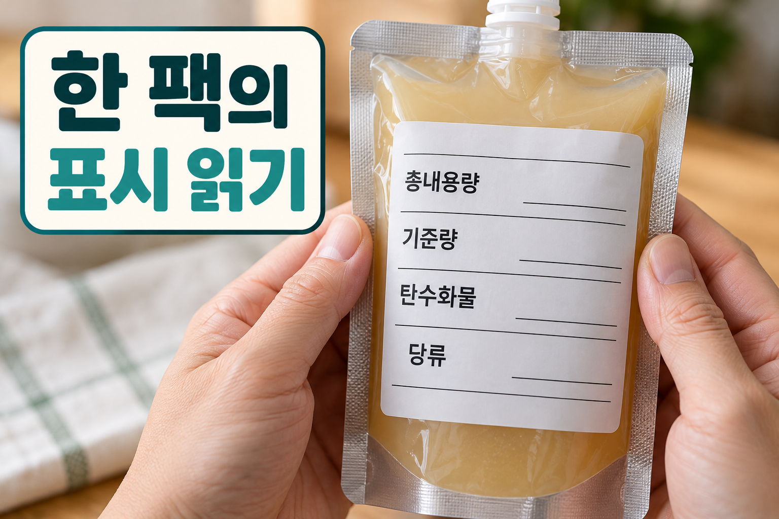 배즙 팩의 내용량과 영양정보 항목을 읽는 손