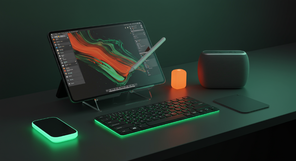 2025년 태블릿PC와 함께 사용되는 필수 액세서리들: 무선 키보드, 스타일러스 펜, 보호 케이스, 거치대, 블루투스 스피커.