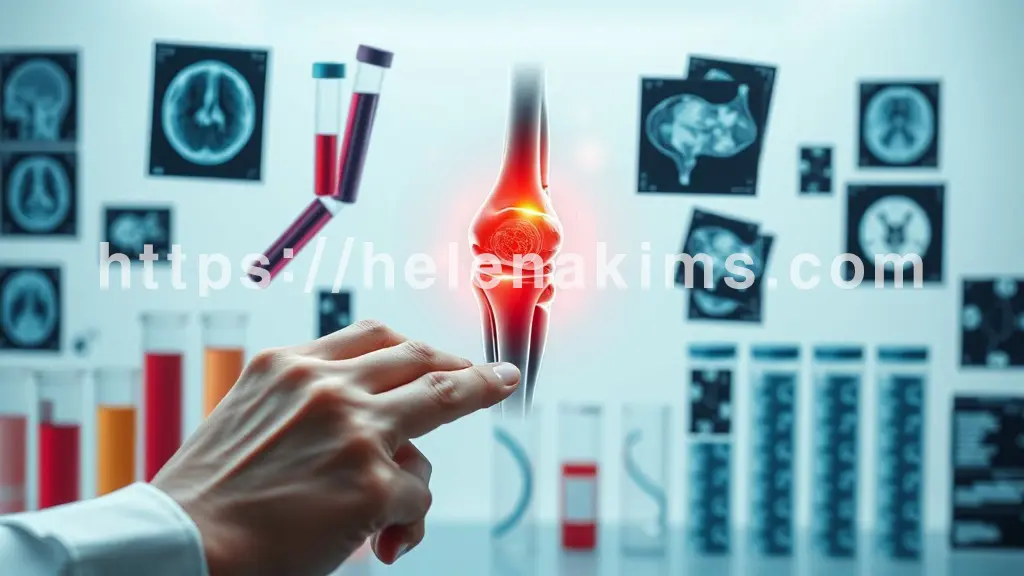 깨끗하고 현대적인 의료 연구실 배경. 인체 무릎 또는 손 관절의 해부학적 그래픽 이미지, 주변에는 혈액 샘플이 담긴 시험관, X-ray 필름, 그리고 MRI 스캔 이미지 일부가 떠오르듯 배치되어 있다.