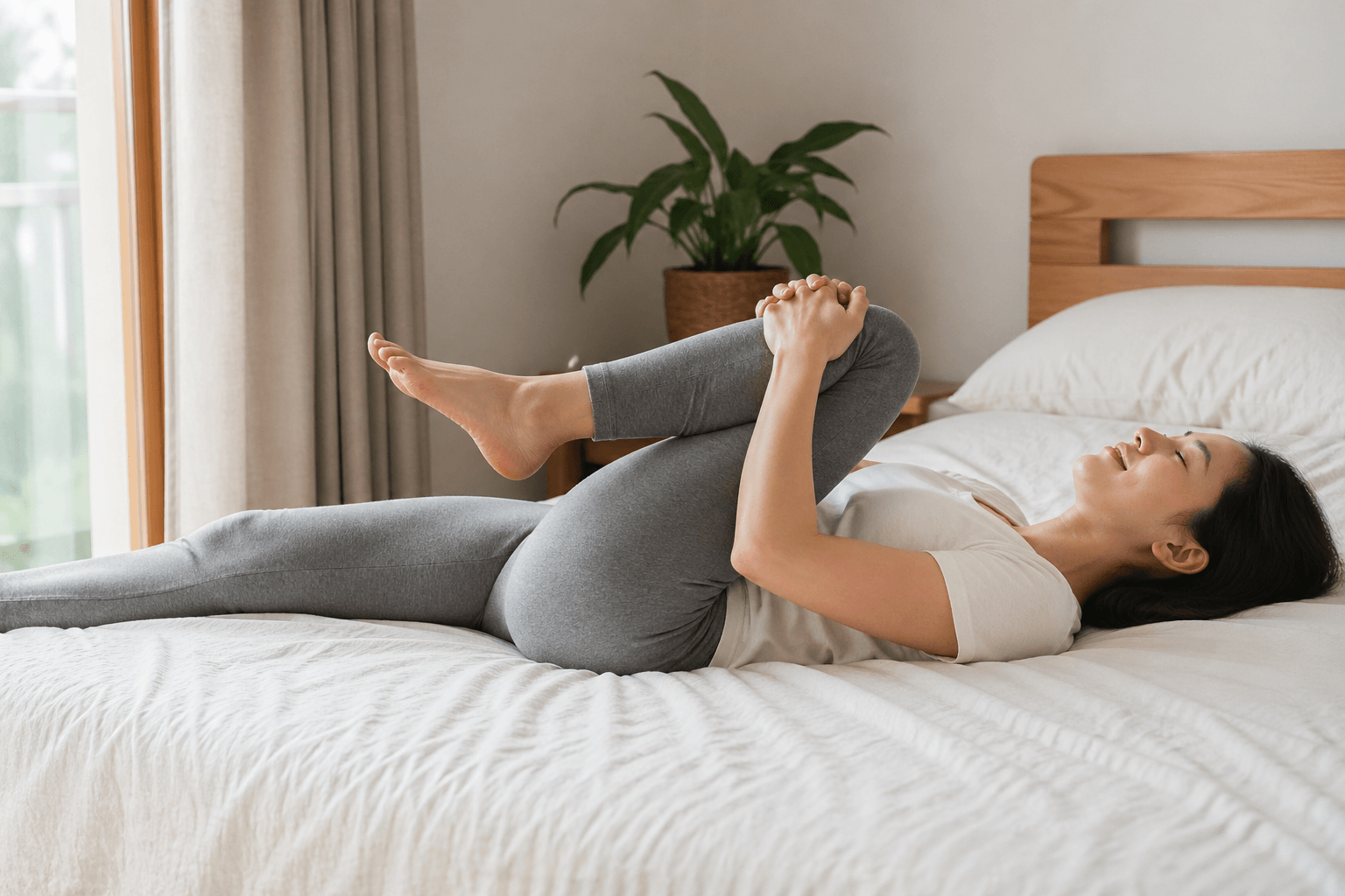 여자가 누워서 스트레칭 하는 모습