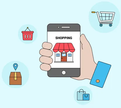 휴대폰으로 온라인 쇼핑하는 일러스트