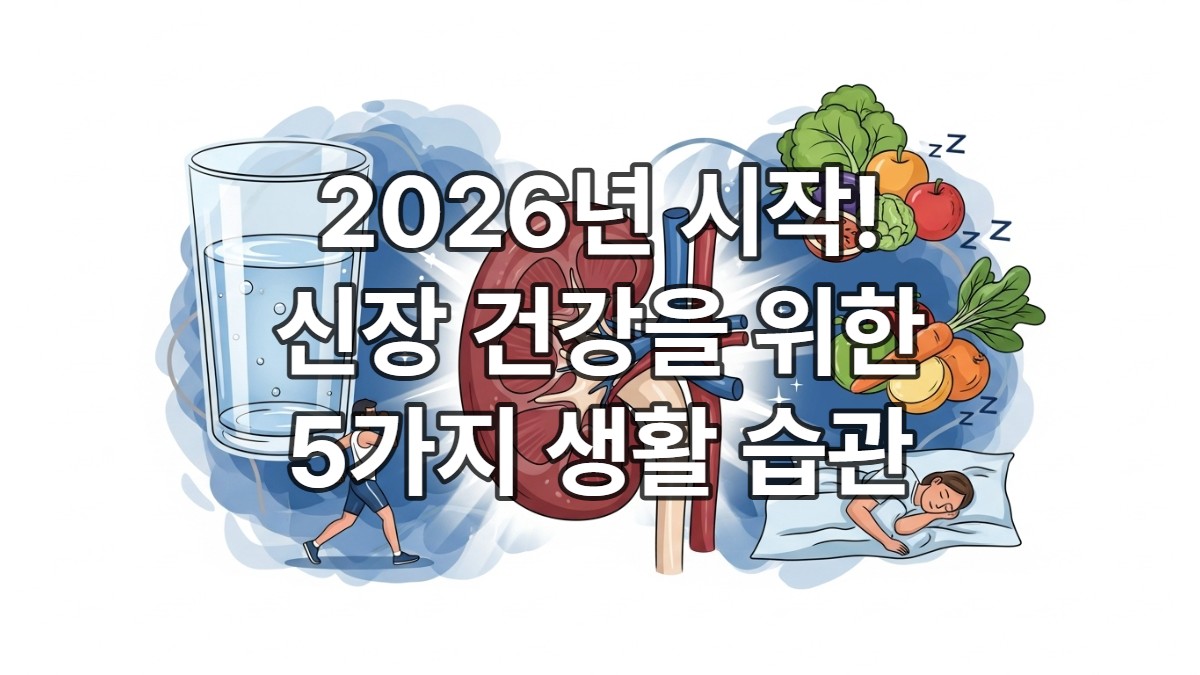 푸른색과 회색 톤으로 표현된 건강한 신장 주변에 물 한 잔, 운동하는 사람, 신선한 채소, 잠든 사람 등 신장 건강에 좋은 생활 습관들을 상징하는 요소들이 어우러진 그림.