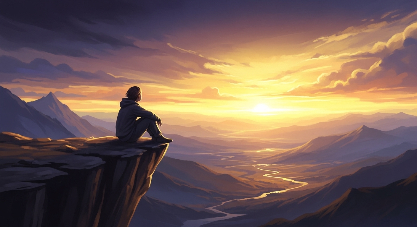 아름다운 일출이 비치는 절벽 끝에 앉아 생각에 잠긴 사람의 모습, 번아웃을 극복하고 희망을 되찾는 듯한 분위기를 줍니다.