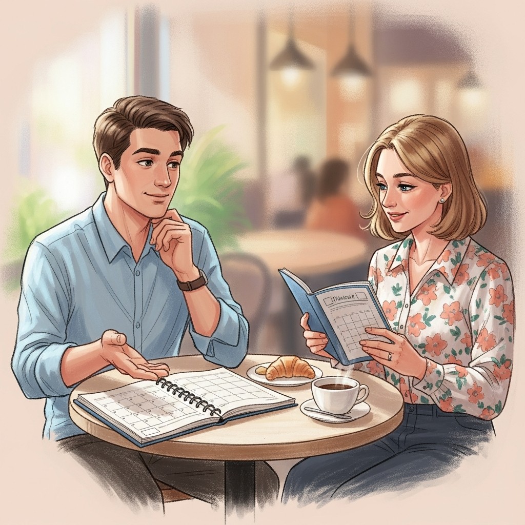 카페에서 일정 조율하는 두 사람