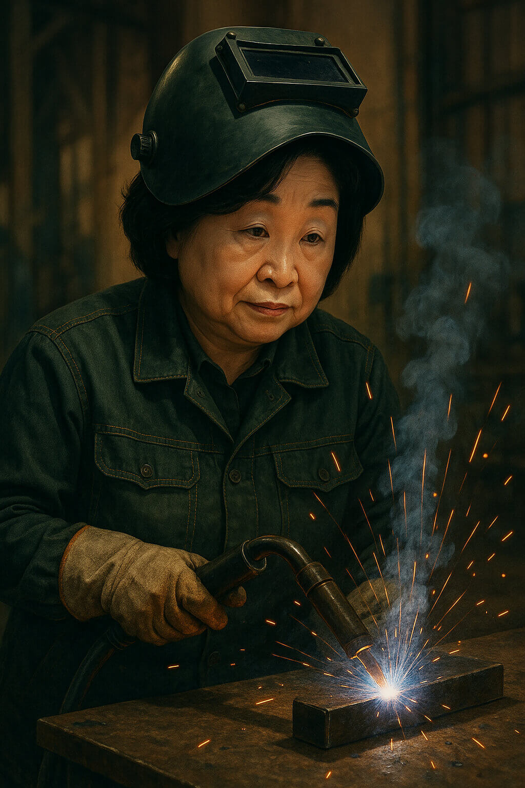용접하는 심상정 국회의원