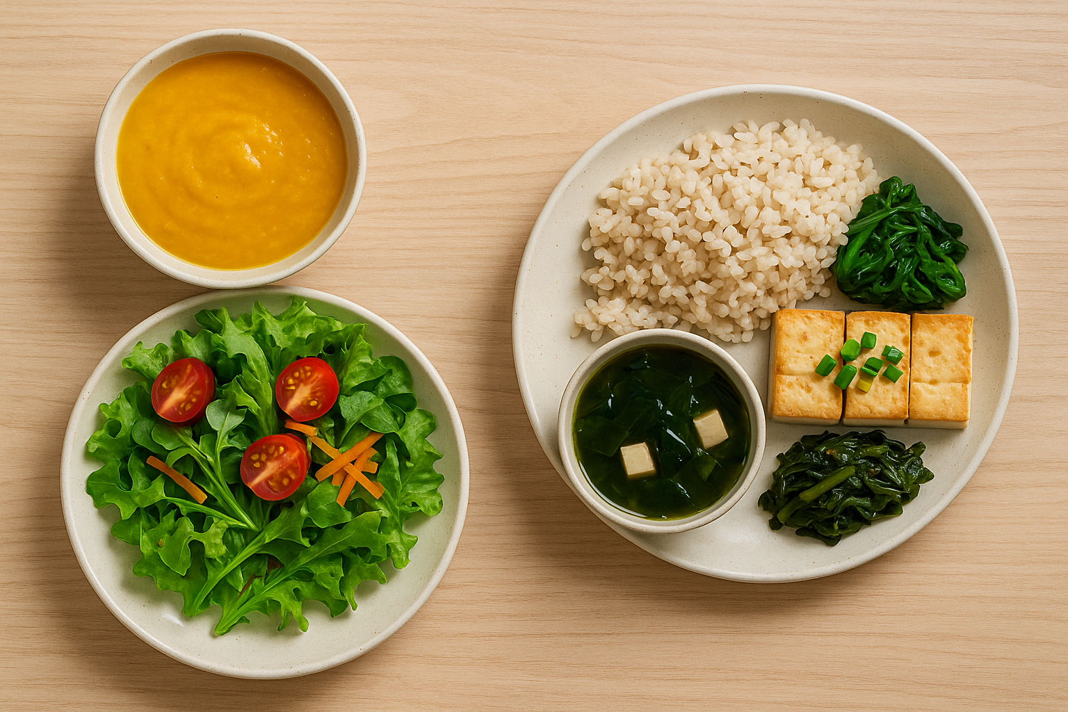 단호박죽, 샐러드 현미밥, 미역국, 두부조림