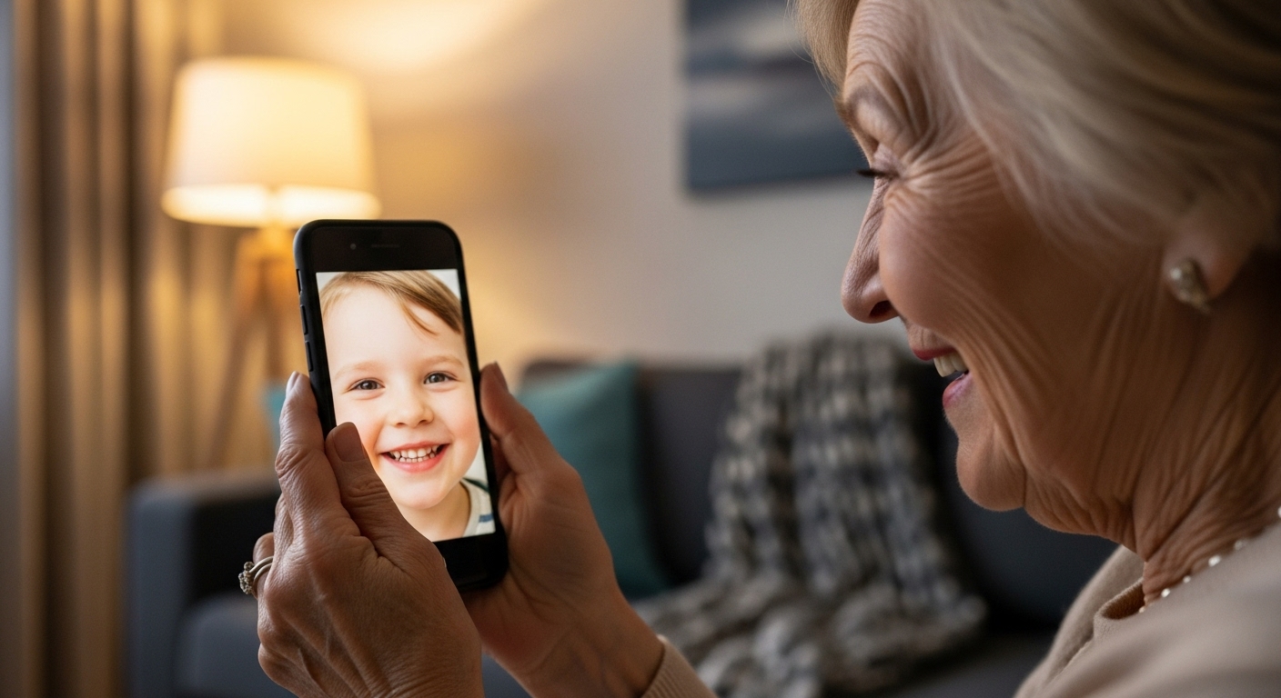 할머니가 스마트폰으로 손주와 영상 통화를 하며 행복하게 웃는 모습, 가족 간의 따뜻한 디지털 소통을 상징.