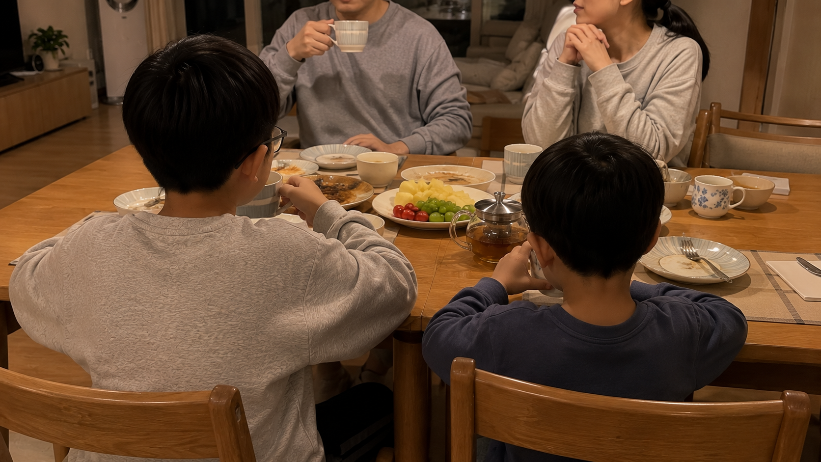 저녁 식탁에서 가족이 대화하는 모습