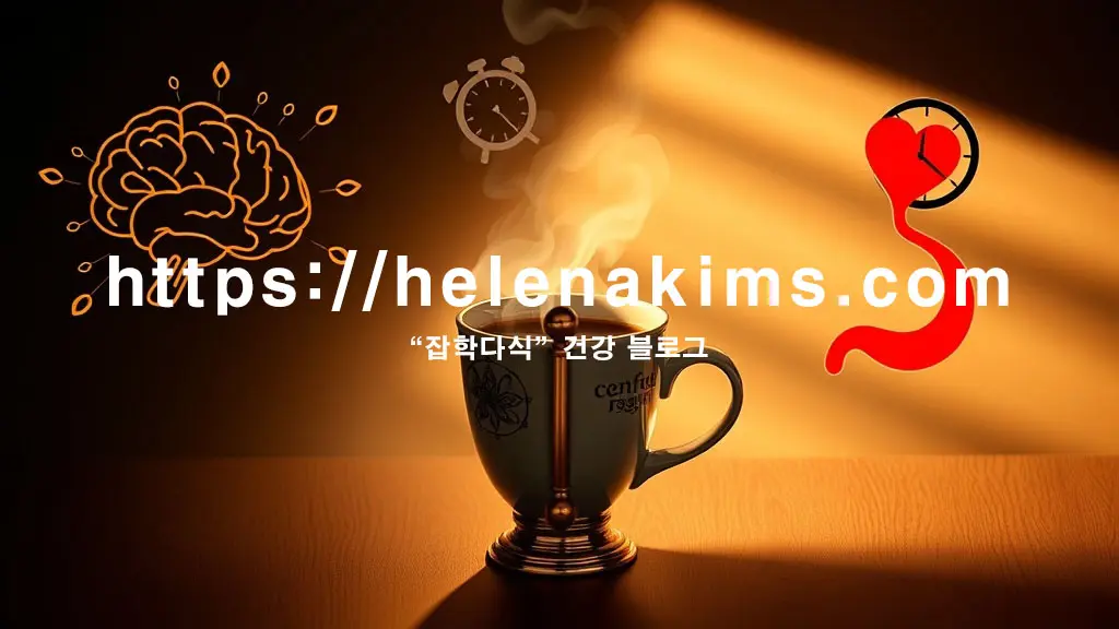 커피 한 잔, 한쪽은 활력 넘치는 빛과 뇌, 심장 아이콘으로 커피 효능을, 다른 쪽은 차분한 그림자와 함께 시계, 위장 아이콘으로 부작용을 시각화한 그래픽 이미지.