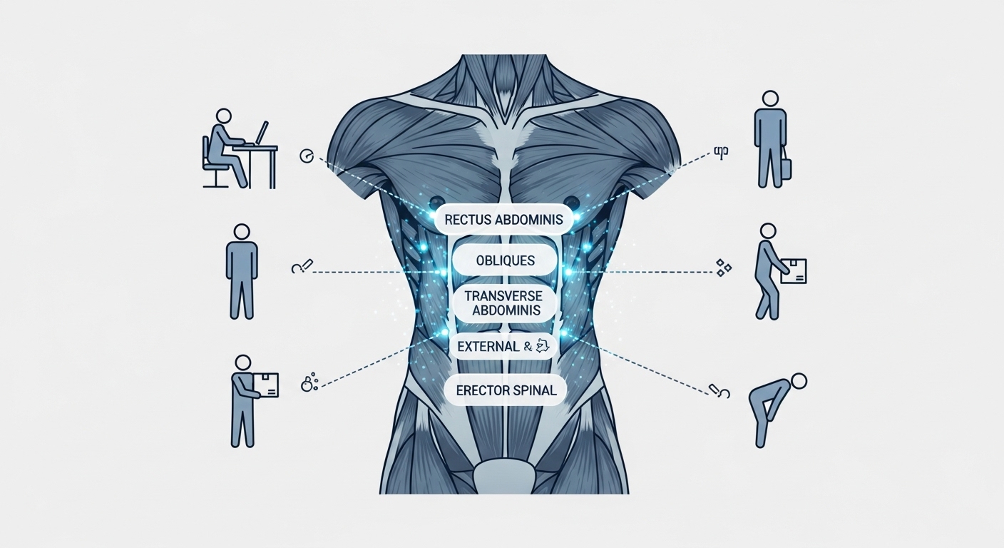 복부, 등, 골반을 아우르는 핵심 코어 근육이 튼튼하게 활성화된 모습을 보여주는 인포그래픽.