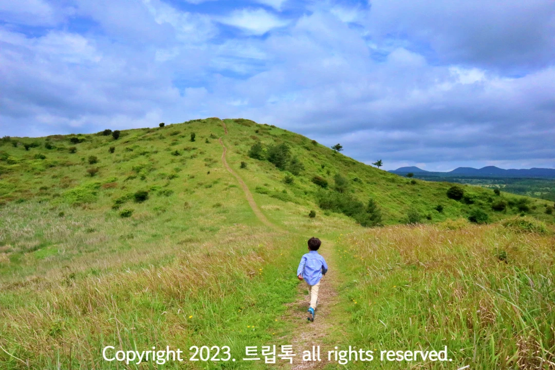 하늘색 옷을 입은 아이가 길을 따라 능선을 걸어간다.