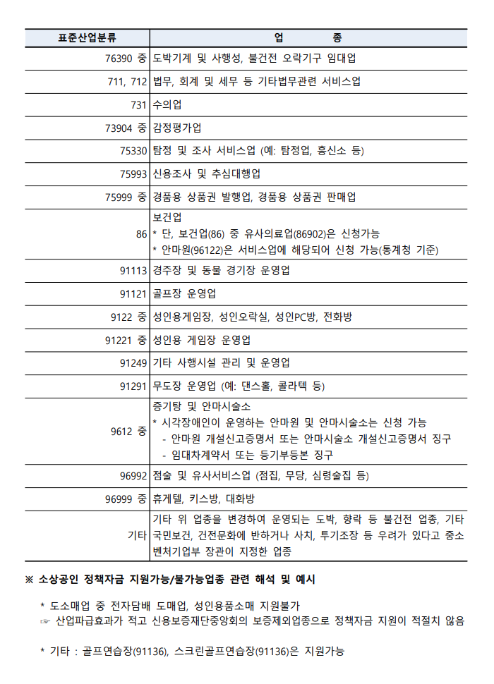 소상공인 정책자금 제외업종