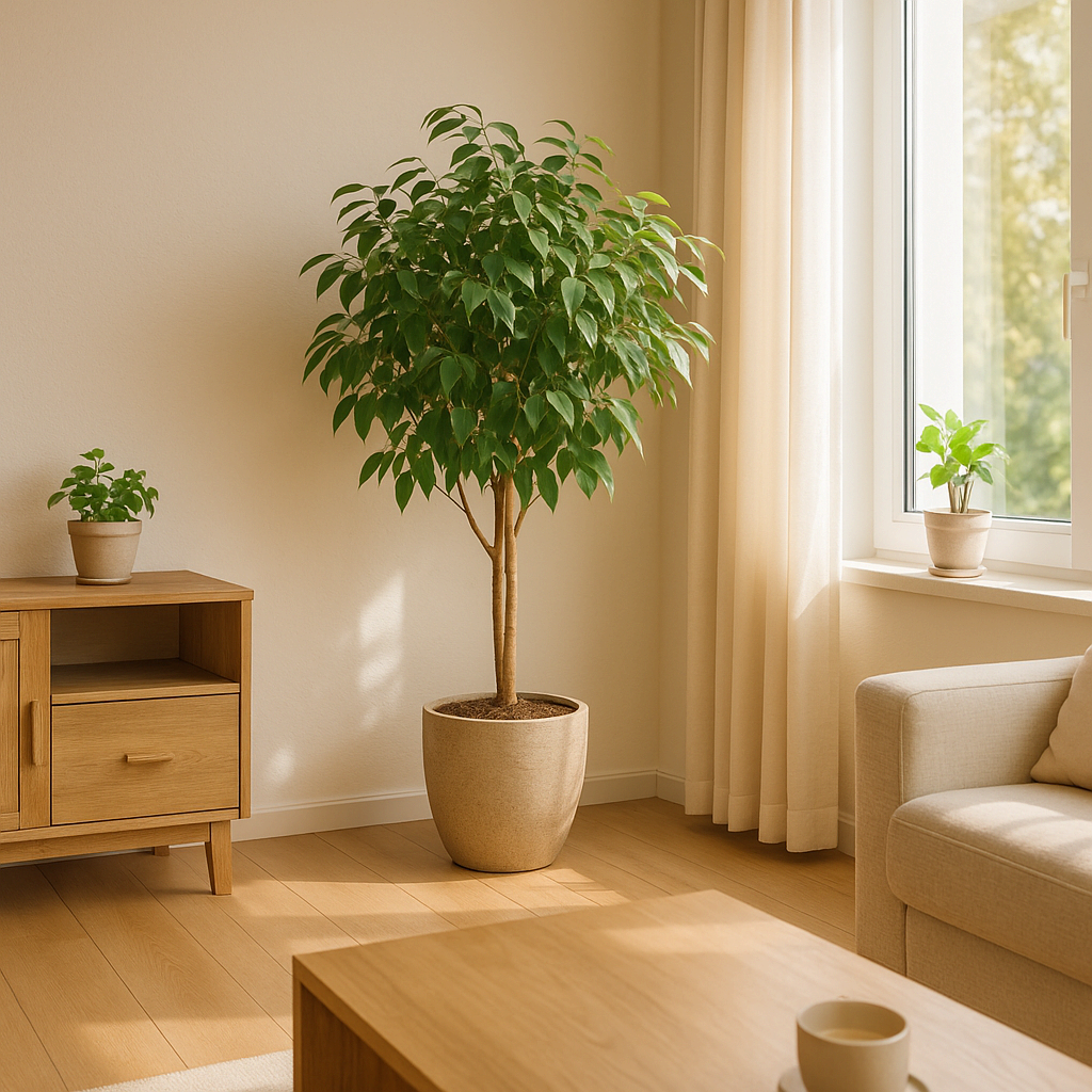 거실 구석에 큰 화분이 놓인 자연광이 들어오는 공간