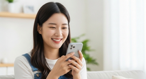 스마트폰을 들고 웃는 여성